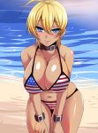 1girl ahoge american_flag_bikini beach bent_over bikini blonde_hair blue_eyes breasts cleavage collar dark-skinned_female dark_skin earrings flag_print huge_breasts jewelry leaning_forward megane_man mito_ikumi navel shokugeki_no_souma short_hair skindentation swimsuit