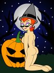  ass breasts danny_phantom earrings full_moon green_eyes halloween hat jack-o&#039;-lantern jack_o_lantern jewelry lipstick looking_back nipples nude penelope_spectra pumpkin red_hair sharkragon_(artist) short_hair smile solo sunglasses 