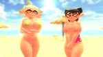 beach big_breasts big_hips black_hair callie_(splatoon) green_nipples marie_(splatoon) pink_nipples rasmush47 source_request splatoon squid_sisters tattoo white_hair