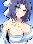  1girl bare_shoulders blue_background blue_eyes blue_hair breasts cleavage hand_on_own_chest head_tilt long_sleeves looking_at_viewer megane_man senran_kagura senran_kagura_shinovi_versus short_hair yumi_(senran_kagura) 