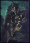 blue_eyes breasts canine claws fist fur furry glowing grey_fur grey_hair hair long_hair looking_at_viewer navel nipples pointy_ears ponytail raised_arm raised_leg shalinka solo spread_legs spreading standing video_games warcraft werewolf wolf worgen world_of_warcraft