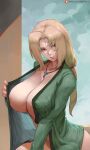 1girl bbw big_breasts blonde_hair breasts brown_eyes cutesexyrobutts erect_nipples female_focus female_only female_solo hot legs milf mostly_nude necklace nipples nude ponytail seductive seductive_look sexy sitting solo_female solo_focus thighs tsunade