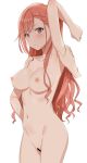  1girl 1girl arisugawa_natsuha armpits aumann black_eyes blush breasts censored clavicle cowboy_shot disembodied_limb eyebrows_visible_through_hair high_resolution idolmaster long_hair looking_at_viewer navel nipples nude one_arm_up red_hair simple_background the_idolm@ster:_shiny_colors very_high_resolution white_background 