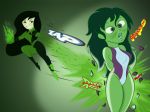 black_hair blush cosplay disney embarrassing funny gloves green_eyes green_hair green_skin jennifer_walters kim_possible kimberly_ann_possible leotard lipstick long_hair marvel prank she-hulk shego smile surprise torn_clothes torn_clothing wardrobe_malfunction yumibow