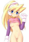 1girl blonde_hair bottomless breasts capcom ciel ciel_(megaman) ciel_(rockman) jpeg_artifacts long_hair nipples no_panties nude ponytail pussy rockman rockman_zero shaved_pussy shirt_lift solo uncensored