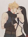  1boy 1girl bare_shoulders big_breasts black_hair blonde_hair blush breast_grab breasts closed_eyes cloud_strife couple duo earrings final_fantasy final_fantasy_vii hetero hugging incipient_kiss long_hair low-tied_long_hair open_mouth short_hair sleeveless spiked_hair spykeee square_enix standing tifa_lockhart very_long_hair 