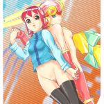 2girls bottomless breasts brown_eyes capcom female gloves green_eyes hand_holding latex latex_gloves looking_back mayl_sakurai multiple_girls nude pussy rockman rockman_exe roll.exe roll_exe sakurai_meiru short_hair thighhighs yuri