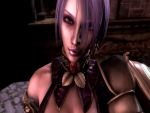 1boy 1girl animated armor big_penis blue_eyes bouncing_breasts breasts cleavage earrings eyeshadow hair_over_one_eye handjob hetero huge_breasts isabella_valentine kilik lips looking_at_viewer navel parted_lips penis pov purple_legwear revealing_clothes short_hair silver_hair soul_calibur soulcalibur_iv source_filmmaker standing webm