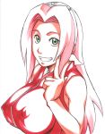 1girl alternate_breast_size bare_shoulders big_breasts breasts erect_nipples fingernails fingers green_eyes grin headband headdress huge_breasts impossible_clothes impossible_shirt konohagakure_symbol looking_at_viewer nail_polish naruto naruto_shippuden parted_lips pink_hair red_shirt sakura_haruno shirt simple_background sleeveless sleeveless_shirt smile solo sunahara_wataru teeth traditional_media upper_body v white_background zipper