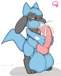 1boy artist_request autofellatio blue_testicles blush cheek_bulge cum cum_drip cum_in_mouth cum_on_penis fellatio male male_only nintendo oral penis pokemon red_eyes riolu solo source_request standing tail testicles video_games