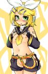  1girl adapted_costume belt blonde_hair blush blushing bow breasts censored convenient_censoring crotchless_pants face flat_chest green_eyes hair_bow kagamine_rin nipples no_panties okiraku_nikku okirakunikku revealing_clothes ribbon rin_kagamine shirt_lift short_hair sketch solo vocaloid 