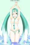 aqua_hair armpits arms_up bikini breasts gk green_eyes green_hair hatsune_miku long_hair miku_hatsune necktie nipples side-tie_bikini smile swimsuit tie topless twintails vocaloid vocaloid2 water wink