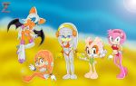 amy_rose anthro bat beach blue_eyes bracelet breasts brown_eyes cleavage cream_the_rabbit furry gloves green_eyes hairband heart_print jewelry ocean orange_hair pink_hair print_bikini robot rouge_the_bat sega short_hair sonic_(series) swimsuit tikal_the_echidna white_hair wings zetar02_(artist)