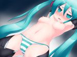 1girl armpits arms_up blue_striped_panties blush breasts female_only gradient gradient_background green_eyes green_hair hatsune_miku hatsune_miku_(append) high_res long_hair miku_hatsune navel nipples open_mouth orebelt panties shimapan solo_female striped striped_panties topless twin_tails underwear very_long_hair vocaloid vocaloid_append