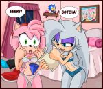 amy_rose aqua_eyes bed bedroom blue_panties blush bra bracelet breasts cleavage dialogue doll embarrassing english_text female floral_print frilly_panties funnel funny furry gray_hair green_eyes greymelon greymelon_(artist) hair hairband jewelry long_hair money nipples panties photo_(object) pink_hair pitcher prank printed_panties pussy sega short_hair sleepover smile sonic speech_bubble surprise text underwear venus_the_hedgehog water wet white_panties