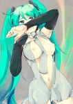 1girl aqua_eyes aqua_hair breasts bridal_gauntlets btop female_only hatsune_miku hatsune_miku_(append) miku_hatsune navel necktie nipples open_clothes open_shirt shirt solo_female twin_tails vocaloid vocaloid_append