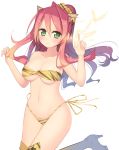  1girl alternate_costume arima_kanae big_breasts bikini boots breasts green_eyes horns kashiwamochi_yomogi large_breasts long_hair navel oni original pink_hair ponytail side-tie_bikini smile solo stockings swimsuit thigh_boots thigh_high_boots thighhighs tiger_print yomogi_kashiwamochi 