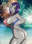 1girl 4th_of_july american_flag_bikini ass beach big_breasts bikini blue_eyes breasts dc_comics female_only fireworks goth grey_skin grimphantom looking_back non-nude ocean pale_skin print_bikini purple_hair raven_(dc) shiny shiny_skin short_hair solo solo_female teen_titans usa water