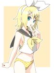 1girl :o blonde_hair blue_eyes hair_ornament hair_ribbon hairclip housuke kagamine_rin midriff no_pants panties polka_dot polka_dot_panties ribbon rin_kagamine short_hair solo underwear vocaloid