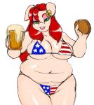 1girl 4th_of_july alcohol american_flag_bikini anthro bbw beer beer_mug beverage big_breasts bikini breasts chubby cleavage ear_piercing earrings fat female female_only fireworks food furry green_eyes hair hamburger jewelry lips long_hair piercing pig porcine print_bikini red_hair solo_female speeds tight_clothing usa wide_hips