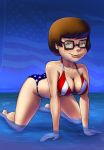 4th_of_july american_flag_bikini beach bikini breasts brown_hair cleavage fernando_faria_(artist) freckles glasses nerd ocean print_bikini scooby-doo shiny shiny_skin short_hair smile solo velma_dinkley water