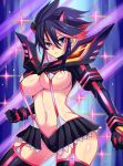  1girl bangs black_hair blue_eyes breasts clenched_hand hair_between_eyes kill_la_kill large_breasts looking_at_viewer matoi_ryuuko megane_man multicolored_hair navel red_hair revealing_clothes school_uniform senketsu short_hair skirt suspenders thigh_high_boots thighs two_tone_hair under_boob 