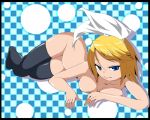 1girl aramaki_dori bad_anatomy blonde_hair blue_eyes breast_press breasts hair_ornament hair_ribbon hairclip kagamine_rin lying naked_thighhighs nude on_side ribbon rin_kagamine short_hair smile solo thighhighs vocaloid