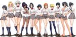 11girls 6+girls arms_behind_back bangs black_hair bleach blonde_hair blue_hair blue_legwear blush braid breast_suppress breasts cleavage contrapposto crossed_arms dark_skin embarrassed everyone female flat_chest front_braid front_ponytail full_body girl glasses hair_ribbon half_updo hand_on_hip high_ponytail impossible_clothes impossible_shirt inoue_orihime isane_kotetsu ise_nanao kagami kagami_hirotaka kiyone_kotetsu kotetsu_isane kotetsu_kiyone kuchiki_rukia kurotsuchi_nemu kuukaku_shiba large_breasts lineup long_hair long_legs looking_at_viewer looking_back matsumoto_rangiku microskirt miniskirt multiple_girls nanao_ise nemu_kurotsuchi no_bra orange_hair pleated_skirt ponytail rangiku_matsumoto retsu_unohana ribbon rukia_kuchiki school_uniform serafuku shiba_kuukaku shihouin_yoruichi shirt shoes short_hair shy silver_hair simple_background single_braid skirt small_breasts smile socks soifon sui-feng taut_shirt thighhighs uncensored unohana_retsu very_short_hair white_background white_legwear yoruichi_shihouin zettai_ryouiki