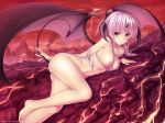 ass atom-ix_(artist) atomix barefoot breasts demon demon_girl demon_tail demon_wings face feet hands hell horns legs lightning looking_at_viewer lying molten_rock navel nipples nude on_side original pink_hair possible_duplicate red_eyes solo succubus tail volcano wings