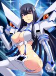  1girl ass bangs black_hair blue_eyes blunt_bangs boots breasts cleavage cleavage_cutout clenched_hands elbow_gloves gloves hair_ornament hairclip hime_cut junketsu kill_la_kill kiryuuin_satsuki large_breasts long_hair megane_man revealing_clothes suspenders thigh_high_boots thong twisted_torso 