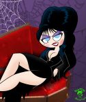  bigtyme black_hair blue_eyes blush breasts cleavage cosplay elvira elvira:_mistress_of_the_dark elvira_(cosplay) halloween lipstick long_hair mole ms._keane powerpuff_girls purple_background red_lipstick smile solo teacher 