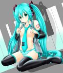  1girl aqua_eyes aqua_hair blush boots breasts creep detached_sleeves hatsune_miku headset kneel legs long_hair miku_hatsune necktie nipples open_clothes open_shirt panties piano_keys shirt sitting solo striped_panties thigh_boots thigh_high_boots thighhighs twintails very_long_hair vocaloid wariza 