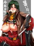  1girl bad_id blush breasts cima_garahau coat fan gloves green_eyes green_hair gundam gundam_0083 inu_(marukome) large_breasts lips long_hair marukome01 nipples sitting solo sweat translated 