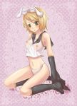 black_legwear black_thighhighs blonde_hair blush bow breasts feet footwear green_eyes kagamine_rin midriff nipples panties rin_kagamine see-through short_hair socks thighhighs underwear vocaloid white_panties