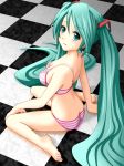 1girl aqua_eyes aqua_hair arm_support ass barefoot barokkusu bra breasts butt_crack checkered checkered_floor cleavage feet floor from_above hair_ornament hatsune_miku lingerie long_hair looking_back miku_hatsune panties pink_bra pink_panties sitting soles solo striped striped_bra striped_panties toes twin_tails twintails underwear underwear_only very_long_hair vocaloid