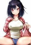 1girl big_breasts black_hair breasts denim denim_shorts erect_nipples eyebrows female hair_ornament hairclip kiriyama large_breasts looking_at_viewer original pink_eyes plaid plaid_shirt red_eyes shirt short_hair shorts simple_background sitting smile solo spread_legs white_background