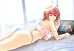 1girl ass bad_id blue_panties breasts brown_eyes brown_hair camisole computer erect_nipples indoshiki laptop large_breasts lying meiko nail_polish o_o on_stomach panties red_nails short_hair smile solo underwear vocaloid