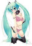 1girl aqua_eyes aqua_hair ayase_hikaru blush bow bow_bra bow_panties bra hatsune_miku headphones kneeling lace_bra lace_panties lingerie long_hair miku_hatsune panties pink_bra pink_panties solo thighhighs twintails underwear underwear_only very_long_hair vocaloid