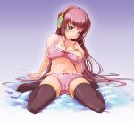 1girl areolae arm_support black_legwear blue_eyes blush bra breasts cameltoe erect_nipples huge_breasts kneeling large_breasts leaning_back lingerie long_hair luka_megurine megurine_luka mousoup nipples panties pink_bra pink_hair pink_panties sitting solo strap_slip thighhighs underwear underwear_only vocaloid wariza