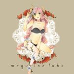 1girl bad_id black_bra black_panties blue_eyes bra breasts camisole cleavage crop_top flower hair_flower hair_ornament horns ichinose_(sorario) ichinose_(tsu_it_ta) lingerie long_hair luka_megurine megurine_luka panties pink_hair red_rose rose see-through single_thighhigh sitting solo thigh-highs thighhighs underwear underwear_only vocaloid