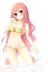 1girl amamine bad_id barefoot blue_eyes blush bra lingerie long_hair luka_megurine megurine_luka midriff navel panties pink_hair solo underwear underwear_only vocaloid yellow_bra yellow_panties