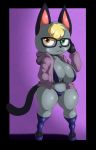 1girl 1girl 2020 3_toes animal_crossing anthro black_border black_nose blonde_hair border clothing crossgender digital_media_(artwork) domestic_cat duo eyewear felid feline felis furry glasses hair hand_in_pocket heterochromia high_res hoodie looking_at_viewer mammal mtf_crossgender navel nintendo pockets raymond_(animal_crossing) short_stack signature suirano toes topwear video_games