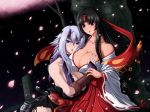  2_girls 2girls anime black_hair blue_eyes blush breast_grab breasts cleavage gauntlets headband horns huge_breasts japanese_clothes katana md5_mismatch mucoro multiple_girls purple_eyes purple_hair queen&#039;s_blade shizuka_(queen&#039;s_blade) sword tomoe weapon white_hair yuri 