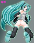  1girl aqua_eyes aqua_hair ass blush bottomless censored from_behind green_eyes green_hair harukigenia hatsune_miku long_hair looking_back miku_hatsune no_panties pussy solo twin_tails twintails vocaloid 