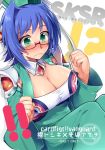  1girl arms_up blue_hair blush breasts cardfight!!_vanguard cleavage cleavage_cutout doujin doujin_cover embarrassed genderswap genderswap_(mtf) glasses green_eyes hat large_breasts quiet_sage_sharon red-framed_glasses sendou_aichi short_hair sitting sweat sweatdrop under-rim_glasses 