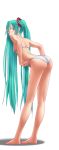  1girl aqua_eyes aqua_hair arched_back ass barefoot bikini bra from_behind full_body hatsune_*miku hatsune_miku kneepits legs long_hair looking_back miku_hatsune panties slender solo swimsuit takouji transparent_background twin_tails underwear underwear_only very_long_hair vocaloid white_bikini white_swimsuit wokada wokada_(takouji) 