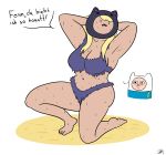 2011 adventure_time animal_ears armpits ass big_breasts bikini black_eyes blonde_hair breasts cat_ears cleavage finn_the_human hair long_hair looking_back muscle surprise susan_strong sweat tongue