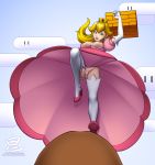 blonde_hair blue_eyes breasts crown dress earrings elbow_gloves gloves goomba high_heels long_hair nipples no_panties oni_(artist) open_mouth pink_dress princess_peach pussy solo stockings super_mario_bros. tagme thighhighs