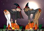 archangemon black_eyes black_hair costume crossover danny_phantom dark_skin freckles full_moon green_eyes halloween high_heels jack-o'-lantern jack_o_lantern jack_o_lantern_print juniper_lee lipstick long_hair looking_back moon multicolored_hair panties printed_panties pumpkin stockings the_life_and_times_of_juniper_lee valerie_gray vines white_panties witch witch_hat