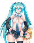  areola areolae bare_shoulders bdsm black_legwear blonde_hair blue_hair bondage bound breasts collarbone drool drooling elbow_gloves gag gagged gloves grin hair_ornament hairclip hand_on_hip hatsune_miku highres kagamine_rin long_hair miku_hatsune miniskirt mizuse_kouichi multiple_girls necktie nipples no_panties open_clothes open_shirt rin_kagamine saliva shirt short_hair skirt smile teeth thighhighs twintails vocaloid yuri zettai_ryouiki 